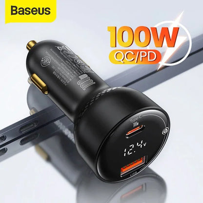 Baseus Superme Digital Display PPS Dual 100W Car Charger Black With Type C to Type C Cable