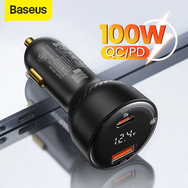 Baseus Superme Digital Display PPS Dual 100W Car Charger Black With Type C to Type C Cable